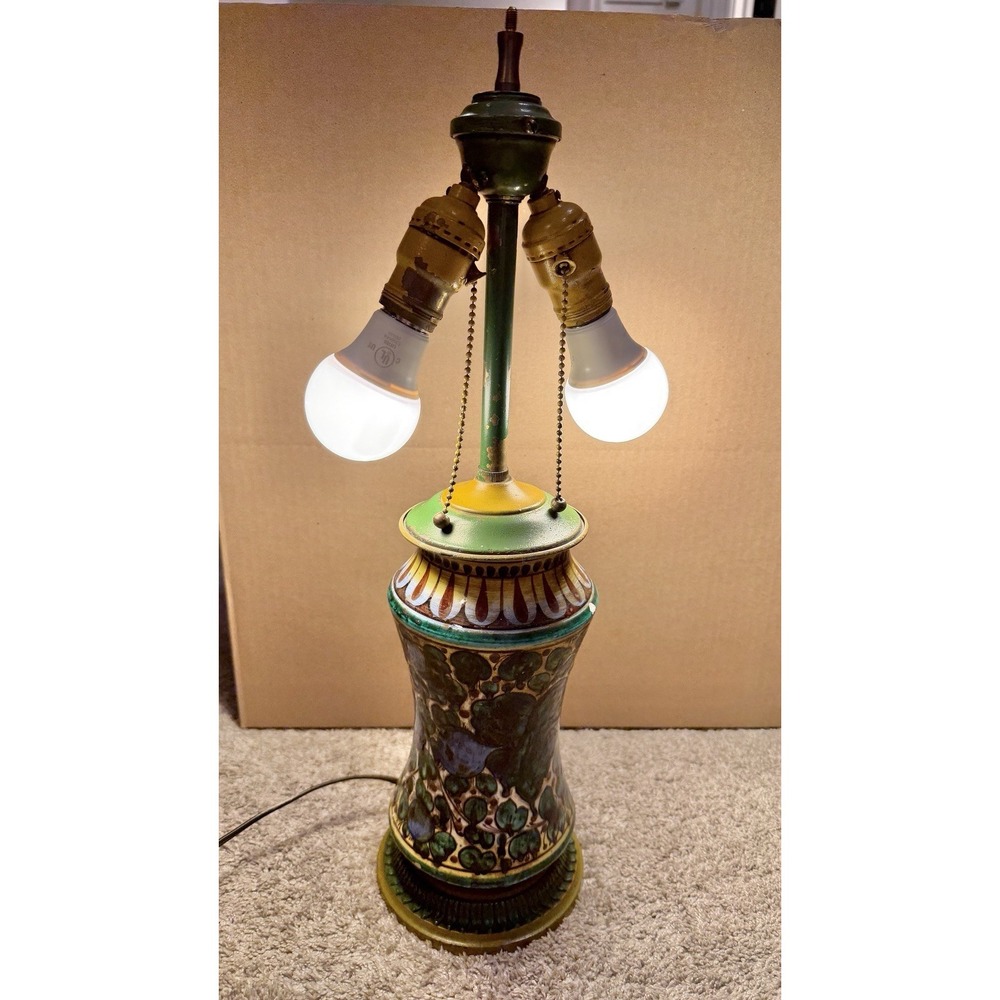 Vtg Ceramic Italian Majolica Style Table Lamp Hand-Painted 2 Sockets 30s-50s?